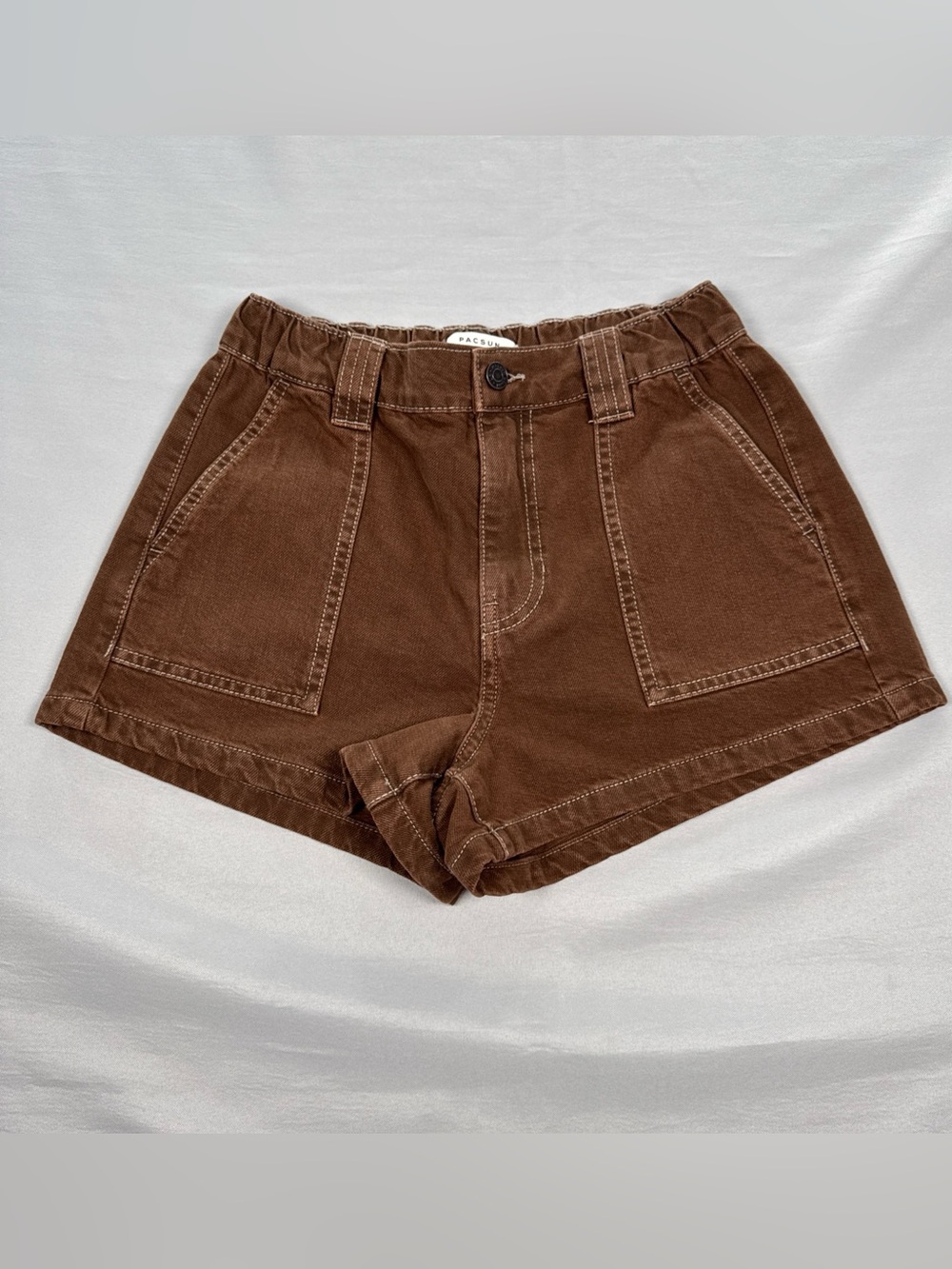 Pacsun High Rise Utility Denim Shorts Women’s Small Elastic Waist Brown Pockets